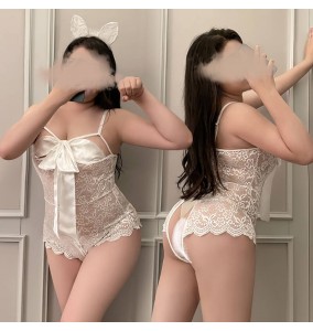 FEE ET MOI - Lace Strap Open Crotchless Bodysuit (Plus Size - White)